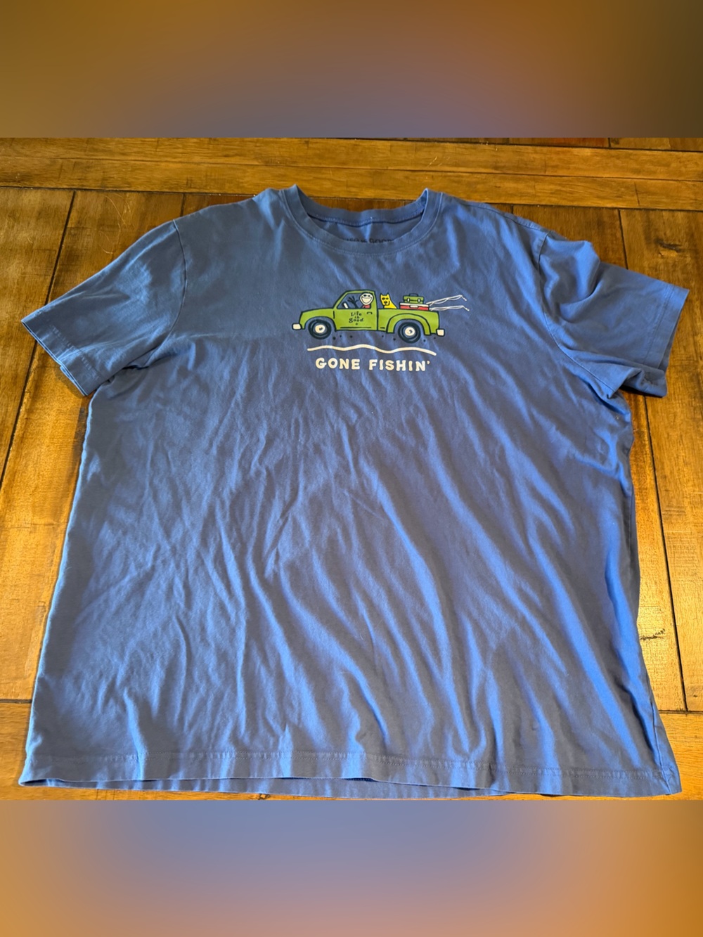 Life Is Good Blue Tee with Lime Green Truck Graphic